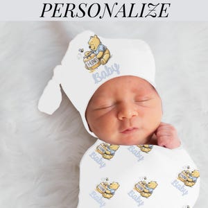 Baby Gift Set Personalized Winnie the Pooh Baby Blanket Custom Name Baby Gift Boy Baby Shower Gift Set Blue Hat Blanket Gifting Idea