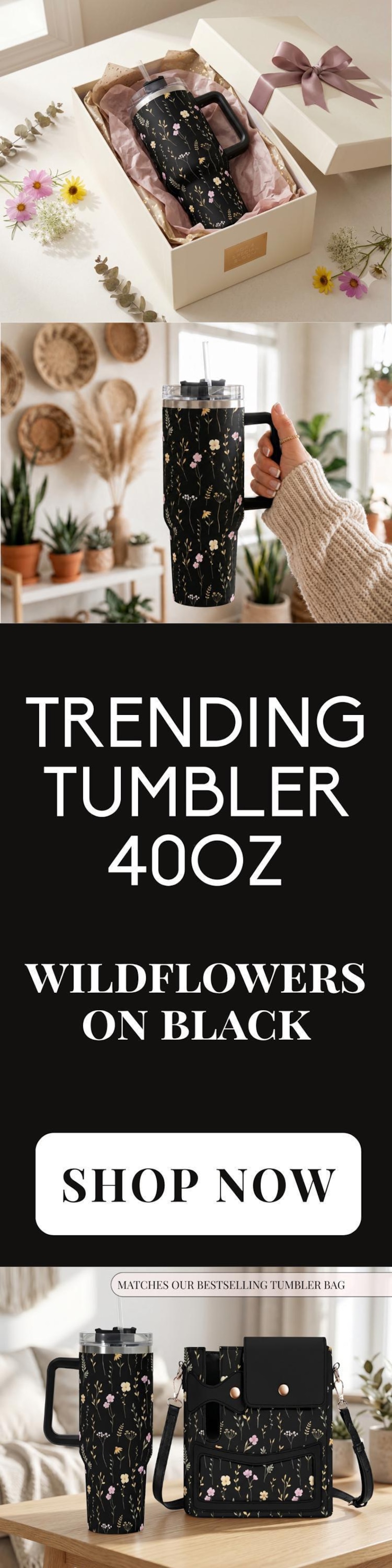 Wildflower Black Tumbler with Handle Straw Included Insulated Coffee Cup 40oz Stainless Steel Travel Mug Large Capacity Beverage Container image 20