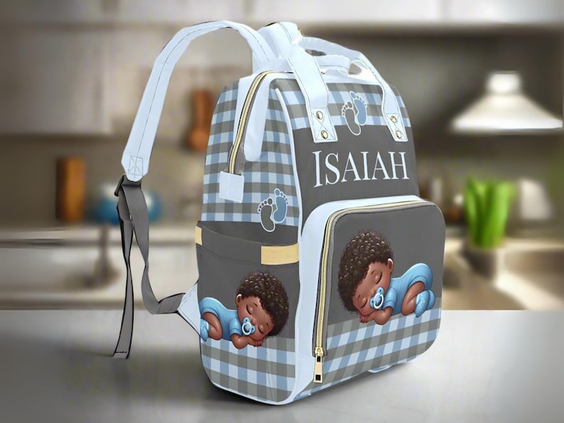 Black Baby Boy Custom Diaper Bag Bluy Baby Shower Gift Diaper Bag Backpack Ethnic Personalized Mommy Bag Baby Gift Backpack Plaid Diaper Bag
