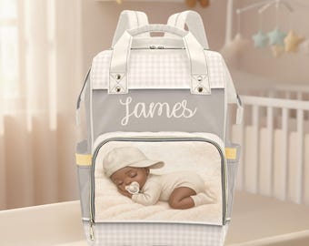 Baby Boy Diaper Bag Personalized Backpack Custom Name Neutral Gingham Nursery Bag New Mom Gift Beige Gray Minimalist Baby Shower Gift Boy