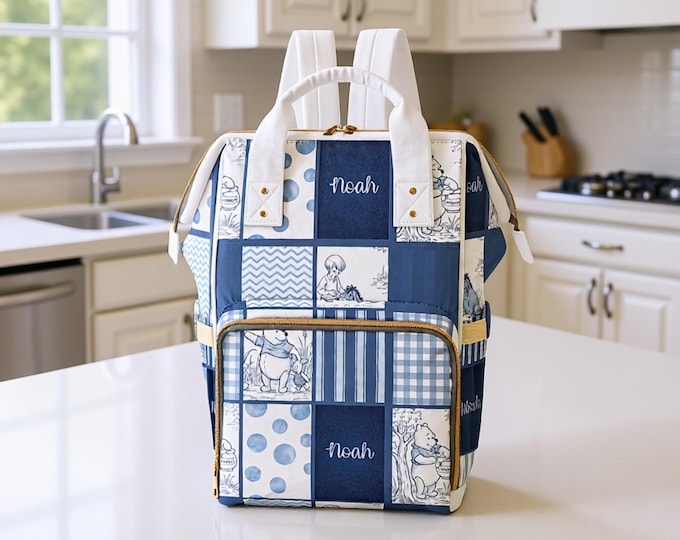 Baby Bag Winnie the Pooh Blue Boy Toile Plaid Personalized Custom Diaper Bag Backpack Baby Shower Gift Mommy Bag Backpack Gifting Idea