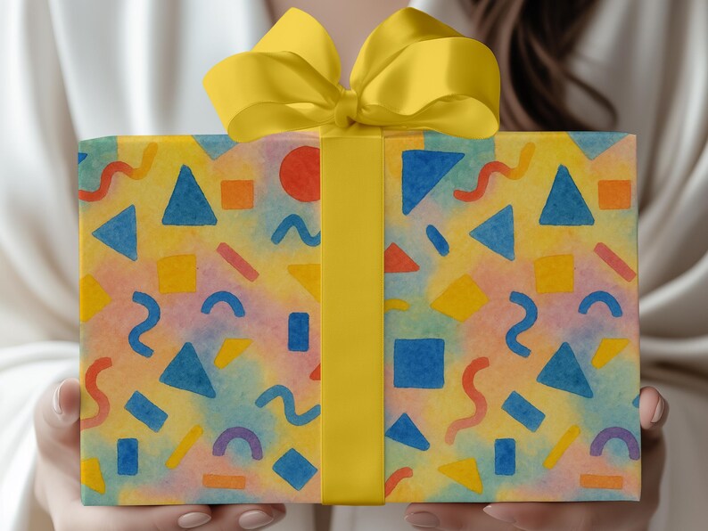 Colorful Geometric Gift Wrap Kids Birthday Party Wrapping Paper Festive Celebration Sheet Yellow Blue Pattern Design Eco Friendly Wrapping Supplies Custom Eclectic Style Vibrant Colors Matte Finish Paper Kids Party Gift Wrap Anniversary
