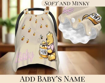 Car Seat Cover Personalized Baby Seat Canopy Pooh Bear Soft Dot Blanket Design Custom Baby Name Gift Baby Shower Gift New Mom Gifting Idea