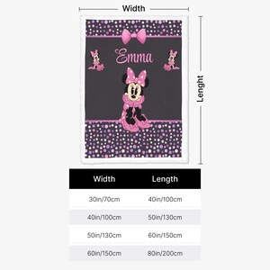 May include: A rectangular blanket featuring a dark gray background with purple and white polka dots, a pink bow, and a central illustration of Minnie Mouse. The name Emma is printed in white script. A size chart lists dimensions from 30x40 to 60x80 inches.