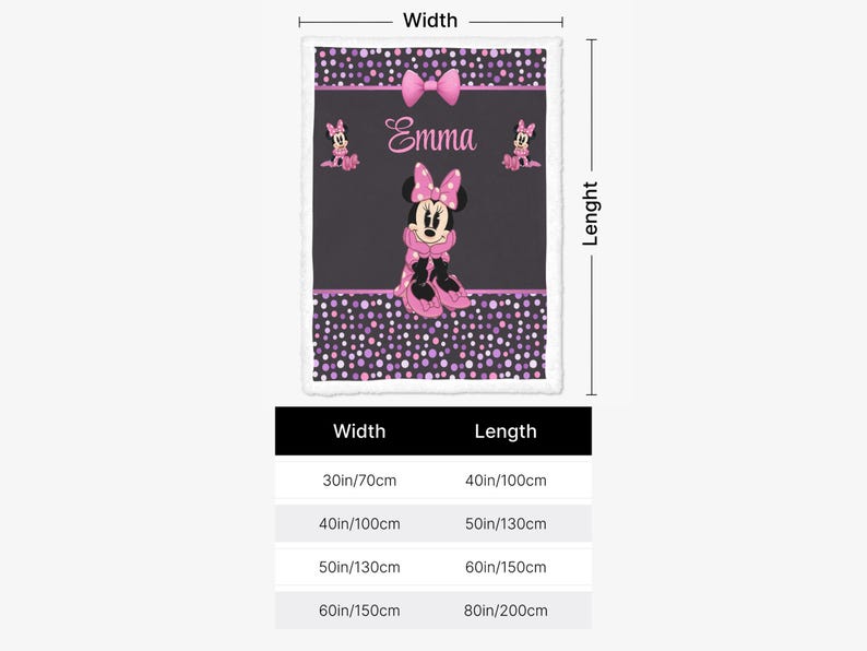 May include: A rectangular blanket featuring a dark gray background with purple and white polka dots, a pink bow, and a central illustration of Minnie Mouse. The name Emma is printed in white script. A size chart lists dimensions from 30x40 to 60x80 inches.
