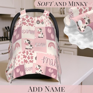 Car Seat Cover Personalized Cow Patchwork Baby Seat Canopy Soft Dot Blanket Custom Baby Name Girl Gift Cowboy Baby Shower Gift New Mom Idea