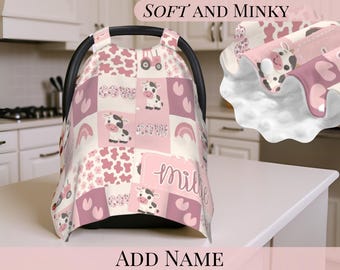 Car Seat Cover Personalized Cow Patchwork Baby Seat Canopy Soft Dot Blanket Custom Baby Name Girl Gift Cowboy Baby Shower Gift New Mom Idea