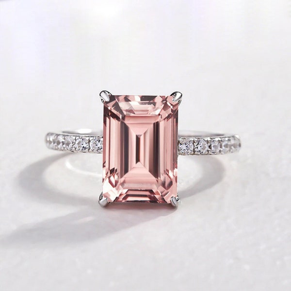 Halo Emerald Cut Morganite Engagement Ring For Women - 14k Solid Gold Emerald Cut Anniversary Ring For Her - Art Deco Wedding Ring For Bride