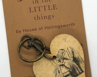 Original Handmade, Handcrafted Wooden Alice in Wonderland Keyring charm, Unique Gift for Book Lover, New Home Gift, key Chain for Purse Bag