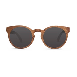 Woodie round oval ebony wood rosewood, wooden women sunglasses polarized lenses black lens Redish-brown