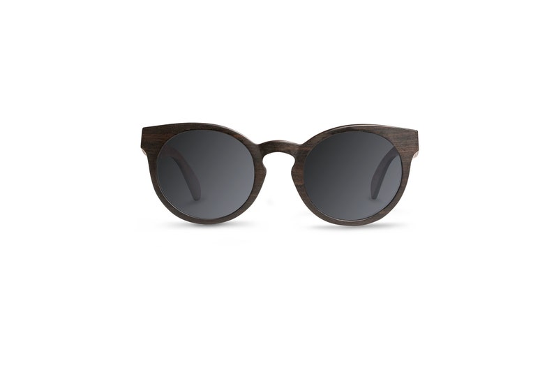 Woodie round oval ebony wood rosewood, wooden women sunglasses polarized lenses black lens Black