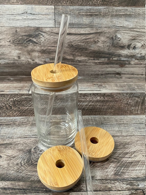 20 Oz Drinking Glasses with Bamboo Lids and Glass Straw - 6 Pcs Can Shaped Glass  Cups