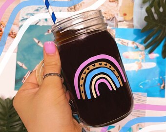 Boho Rainbow Glass Mason Jar Mug, Boho Rainbow Glass, Boho Mason Jar, Mason Jar with Handle, Aesthetic Mason Jar, Boho Gift, Minimalist,