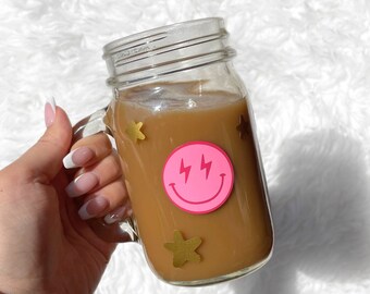 Lightning Smile Cup, Lightning Smile Mason Jar, Reusable Glass Cup, Preppy Cup, Preppy Mason Jar Glass, 16 oz Smile Mason Jar, Trendy Glass