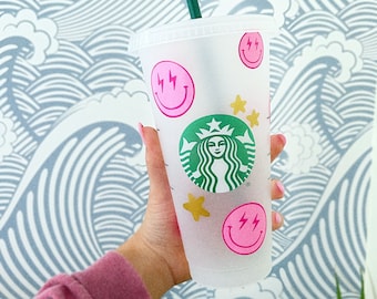Smile Face Starbucks Cup, Lightning Bolt Smile Face Starbucks Cup, Reusable Starbucks Cup, Personalized Smile Face Cup, Preppy Gift,