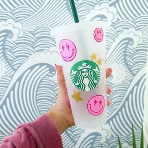 Smile Face Starbucks Cup, Lightning Bolt Smile Face Starbucks Cup, Reusable Starbucks Cup, Personalized Smile Face Cup, Preppy Gift,