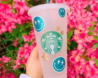 Smile Face Starbucks Cup, Lightning Bolt Smile Face Starbucks Cup, Blue Glitter Smile Starbucks Cup, Preppy Starbucks Cup, Preppy Gift