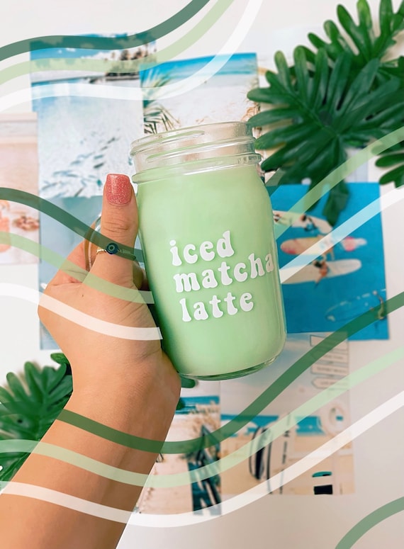 Iced Matcha Latte Glass Mason Jar Mug, Matcha Latte Glass, Boho Mason Jar, Mason Jar with Handle, Aesthetic Mason Jar, Matcha Latte Gift,