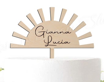 Half Sun Cake Topper, Personalized Sun Cake Topper, First Trip Around the Sun, Boho Sun Custom Wooden Cake Topper with Name, Sun Cake Topper
