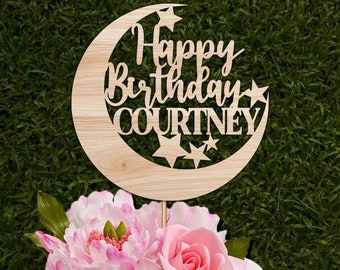Personalized Happy Birthday Cake Topper, Moon and Stars Birthday Cake Topper Custom Cake Topper, Moon Decoration, Moon and Stars Theme Decor