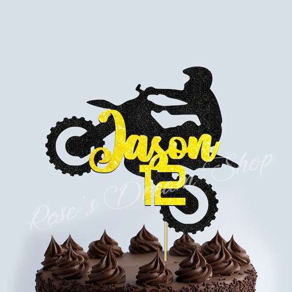 Personalised Motocross Cake Topper, Custom Glitter Happy Birthday Cake Topper, Motocross Theme Party Decoration, MX Motocross Bike, Glitter