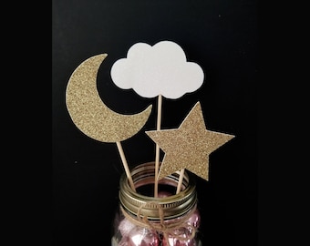 Star Cloud & Moon Centerpiece Picks, Twinkle Twinkle Little Star Decoration, Stars Moons and Clouds on Sticks, Twinkle Baby Shower, Silver