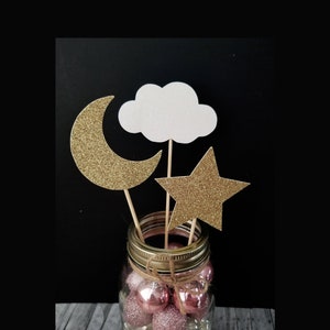 Star Cloud & Moon Centerpiece Picks, Twinkle Twinkle Little Star Decoration, Stars Moons and Clouds on Sticks, Twinkle Baby Shower, Silver