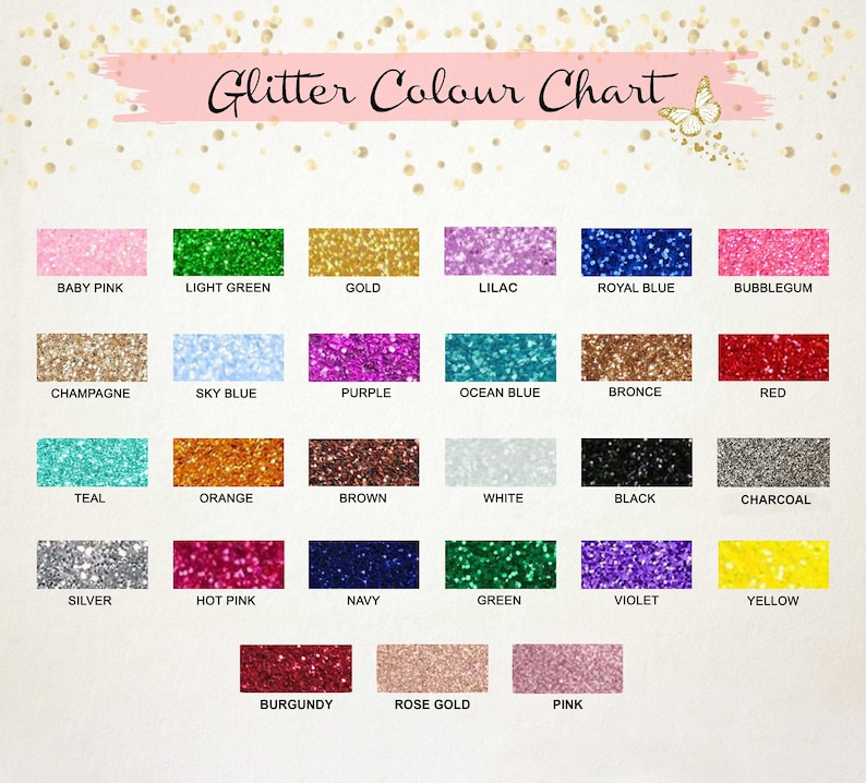 Pode incluir: Uma carta de cores que mostra 18 cores de glitter diferentes. As cores est&atilde;o dispostas em tr&ecirc;s filas de seis. As cores s&atilde;o: rosa beb&ecirc;, verde claro, dourado, lil&aacute;s, azul royal, chiclete, champanhe, azul celeste, roxo, azul oceano, bronze, vermelho, azul esverdeado, laranja, marrom, branco, preto, carv&atilde;o, prata, rosa quente, azul marinho, verde, violeta, amarelo, bord&ocirc;, ouro rosa e rosa.
