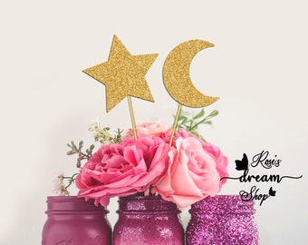 Enfeites de mesa com estrelas e luas, decoração "Brilha, Brilha Estrelinha", estrelas, luas e nuvens em palitos, chá de bebê com tema "Brilha Brilha Estrelinha", prateado