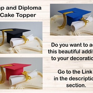 May include: A graduation cake topper featuring a black cap, red cap, and blue cap with a white scroll and gold ribbon.  "Cap and Diploma Cake Topper" is written at the top of the image.  "Do you want to add this beautiful addition to your decoration? Go to the Link in the description section." is written at the bottom of the image.