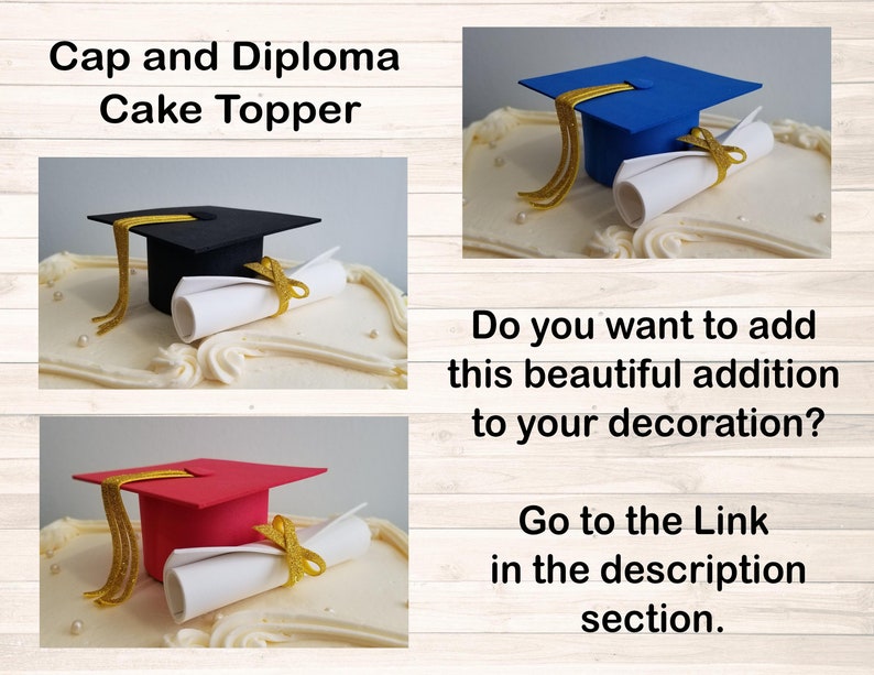 May include: A graduation cake topper featuring a black cap, red cap, and blue cap with a white scroll and gold ribbon.  "Cap and Diploma Cake Topper" is written at the top of the image.  "Do you want to add this beautiful addition to your decoration? Go to the Link in the description section." is written at the bottom of the image.
