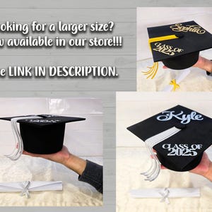 May include: Black graduation caps with personalized names and the year "Class of 2025". Each cap has a tassel and is held by a person. A rolled-up diploma with a ribbon is also present. The text "Looking for a larger size?" is visible.