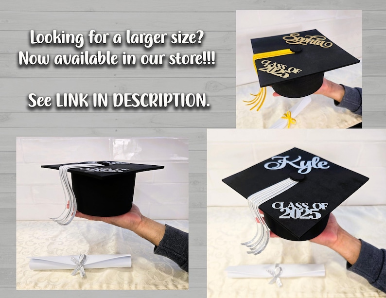 May include: Black graduation caps with personalized names and the year "Class of 2025". Each cap has a tassel and is held by a person. A rolled-up diploma with a ribbon is also present. The text "Looking for a larger size?" is visible.