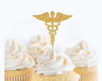 Toppers de cupcake com símbolos médicos, placa médica, decoração para festa de enfermeira, decoração para festa de médico, toppers de cupcake com caduceu, decoração para festa de formatura de farmacêutico
