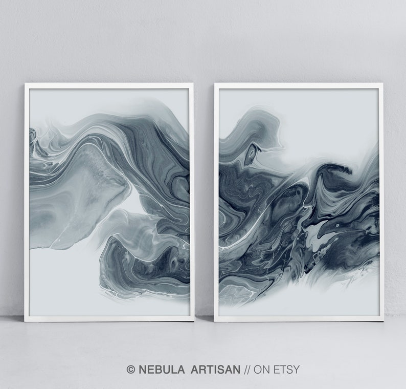 Liquid Abstract Grey Acrylic Concept Set of 2 Modern image 1