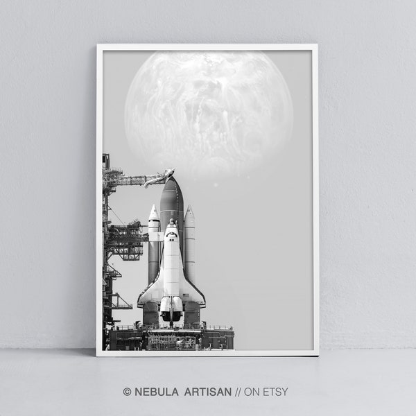 NASA Space Shuttle Explorer with Moon Background, Moon Wall Art, Space Poster, Digital Download