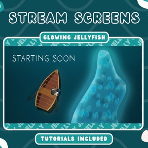Puede incluir: Una superposición de pantalla de transmisión de Twitch azul y verde con el texto "STREAM SCREENS" y "GLOWING JELLYFISH". La superposición presenta una imagen de dibujos animados de un bote con una persona remando en el agua, y una medusa brillante en el fondo. El texto "STARTING SOON" se muestra en el centro de la pantalla. El texto "TUTORIALS INCLUDED" se muestra en la parte inferior de la pantalla.
