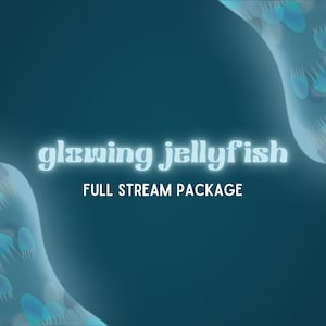 Puede incluir: Un diseño gráfico azul y blanco con el texto "glowing jellyfish" y "FULL STREAM PACKAGE" sobre un fondo azul oscuro. El diseño presenta un patrón de medusas brillantes.