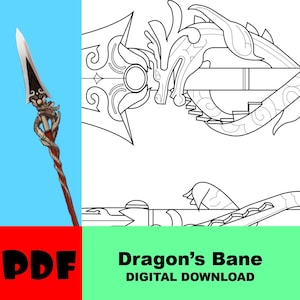 Puede incluir: Un dibujo en blanco y negro de una lanza con un diseño de cabeza de dragón. La lanza está etiquetada como "Dragon's Bane DIGITAL DOWNLOAD" y está disponible en formato PDF.