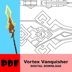 Puede incluir: Un patrón PDF imprimible para una lanza dorada y roja con un diseño en espiral. El patrón está etiquetado como "Vortex Vanquisher DESCARGA DIGITAL".