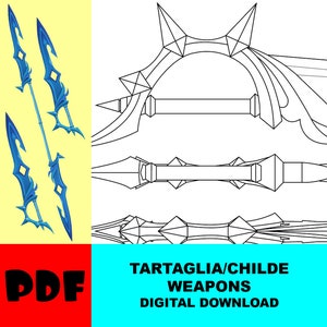 May include: A digital download PDF pattern for creating a set of weapons from the video game Genshin Impact. The weapons are styled after the character Tartaglia/Childe. The pattern includes a detailed outline of the weapons, including the blades and handles.