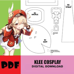 Puede incluir: Un patrón PDF imprimible para un disfraz de cosplay de Klee del videojuego Genshin Impact. El patrón incluye instrucciones para hacer el sombrero, el cuerpo y las correas. El patrón se muestra sobre un fondo blanco con una imagen de dibujos animados de Klee en la esquina.