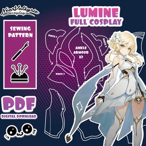 May include: A digital sewing pattern for a Lumine cosplay costume from the video game Genshin Impact. The pattern includes instructions and pieces for the ankle armor, dress, and other details. The pattern is available as a PDF download.