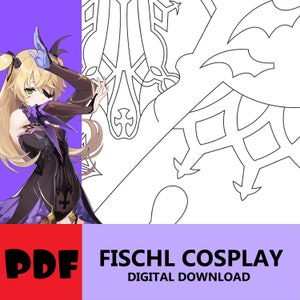 May include: Digital download graphic featuring Fischl cosplay art. The image shows a character in a black and purple outfit with blonde hair and a black eye patch. The text "FISCHL COSPLAY DIGITAL DOWNLOAD" is displayed.