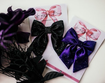 Handmade Sparkly Hair Bow: Black & Purple Alligator Clip