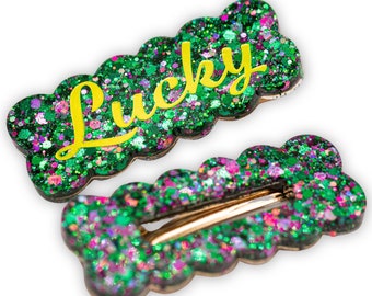 St. Patrick's Day Glitter Resin Hair Clips: Lucky Barrettes (Set of 2)
