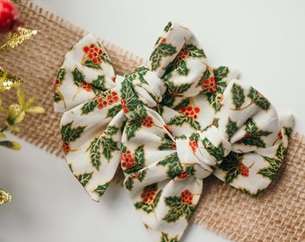 Handmade Christmas Hair Bow: Holly Print Headband
