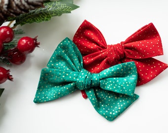 Handmade Christmas Hair Bow: Red and Green Polka Dot Clip or Headband