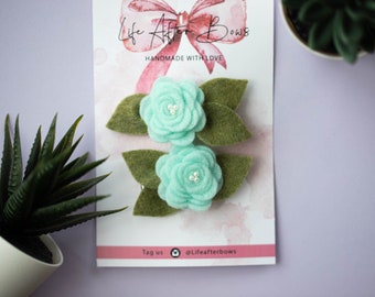 Teal Felt Rose Pigtail Set: Spring Hair Clips