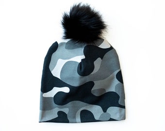 Baby Camo Beanie: Cotton Slouchy Pom Pom Hat